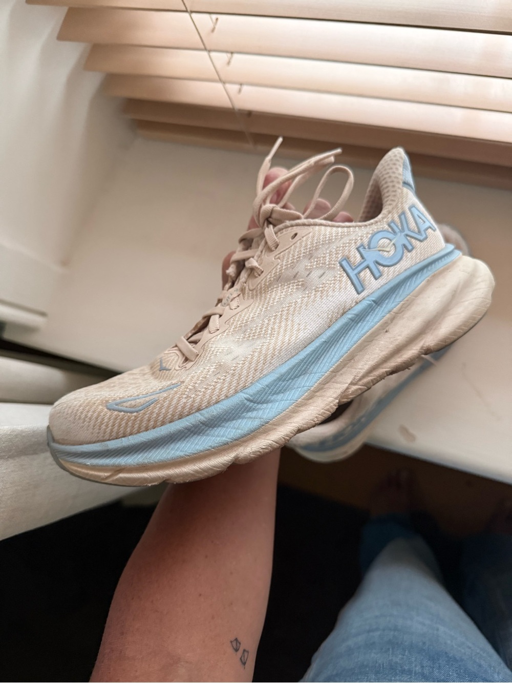 HOKA Clifton Women's Running Shoe in Beige with Light Blue Trim (Alabaster) 6.5
